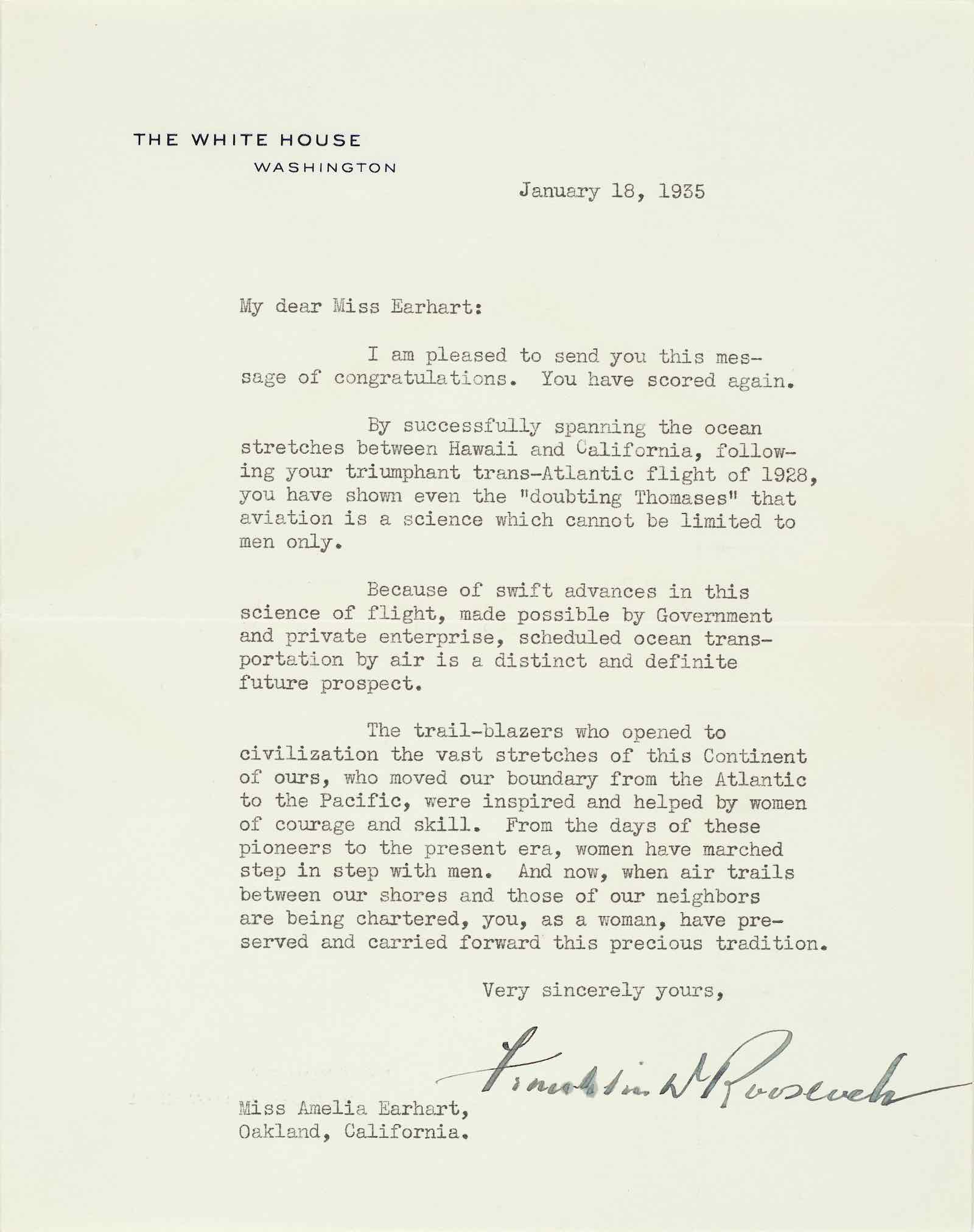 President Roosevelt congratulates Earhart on her successful flight