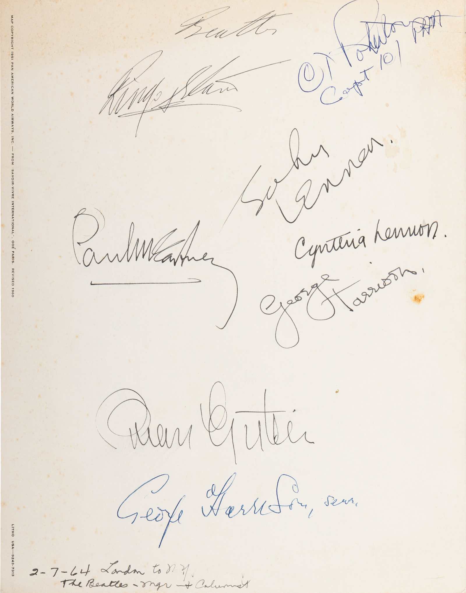 Beatles signed Pan American Flight 101 menu