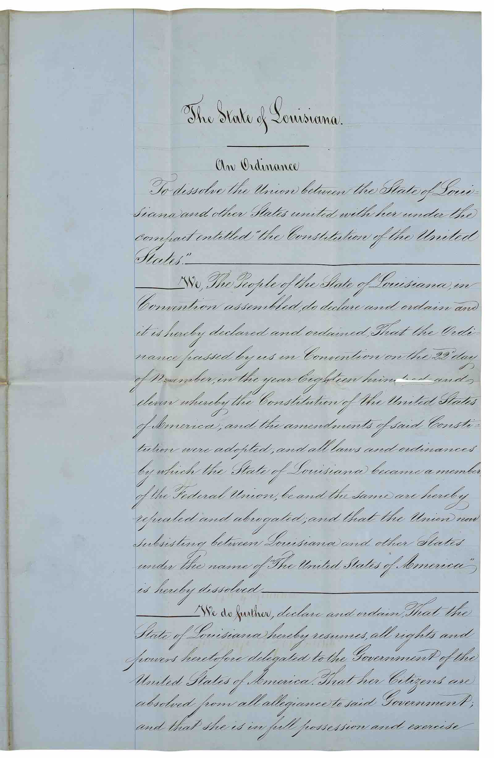 Louisiana leaves the Union. Alexandre Mouton (1804‐1885). Manuscript document, signed (“A. Mouton”) as President of the Convention, Baton Rouge, January 25, 1861.