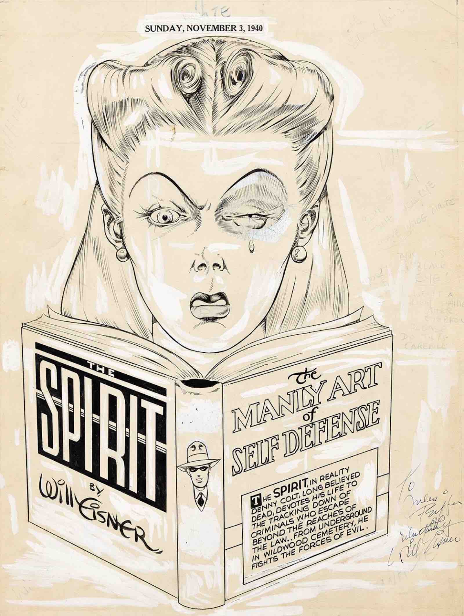 Will Eisner, The manly art of self defense, published in The Spirit, November 11, 1940, ink and correction fluid of pencil on Bristol board, 1940. Estimate $40,000 to $50,000.