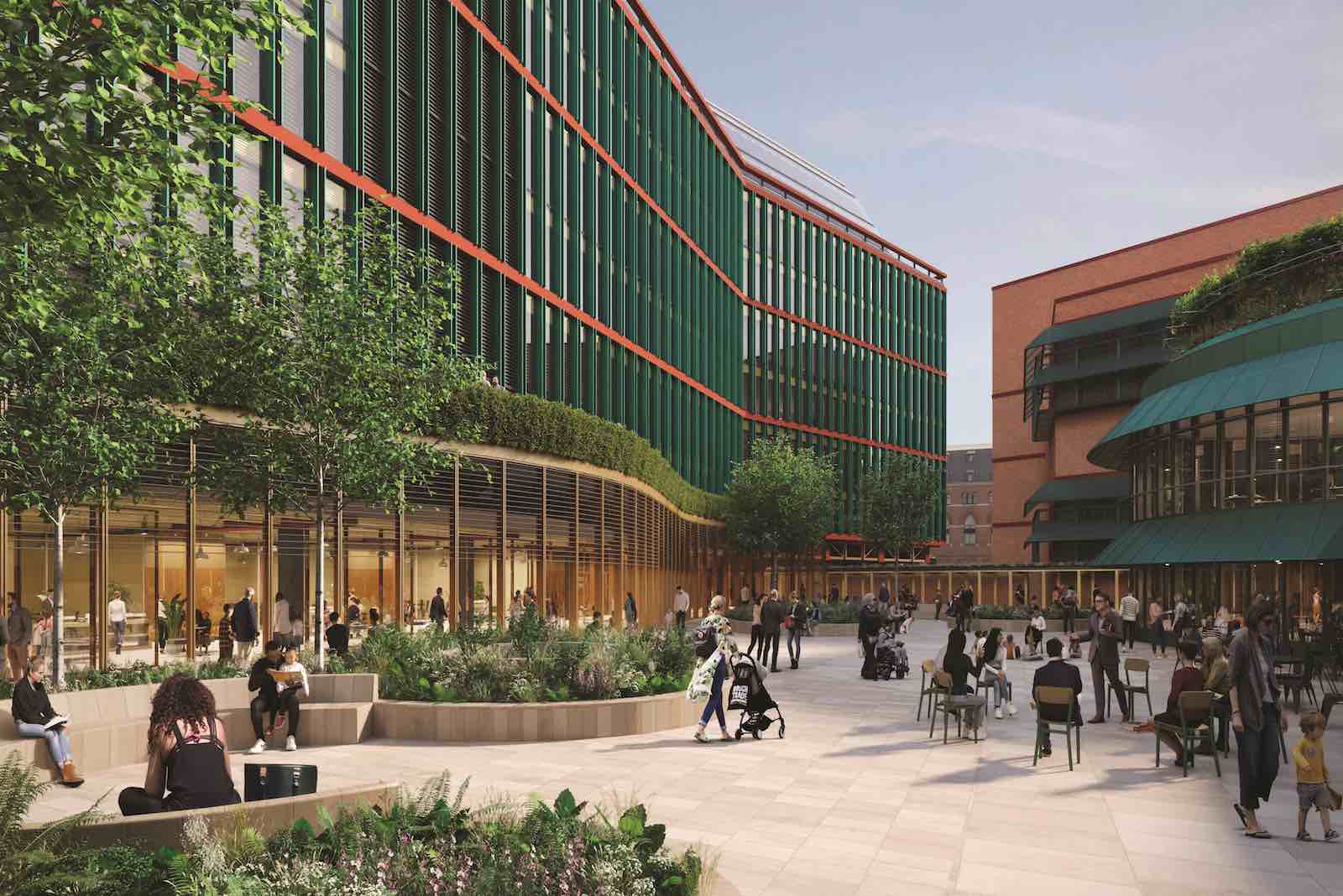 Artist’s impression of the new British Library extension, featuring visitors exploring the site and surrounding space