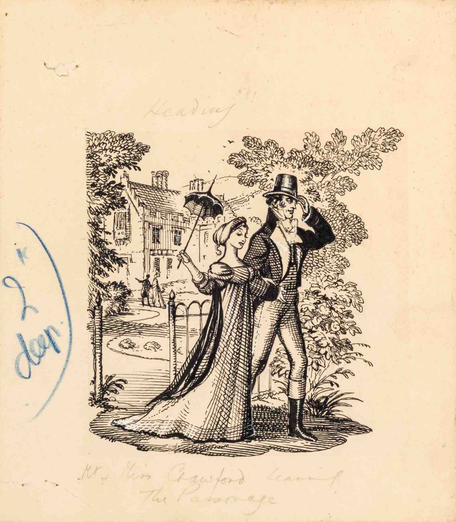 Mary and Henry Crawford, John Strickland Goodall, pen and ink drawing, 1952