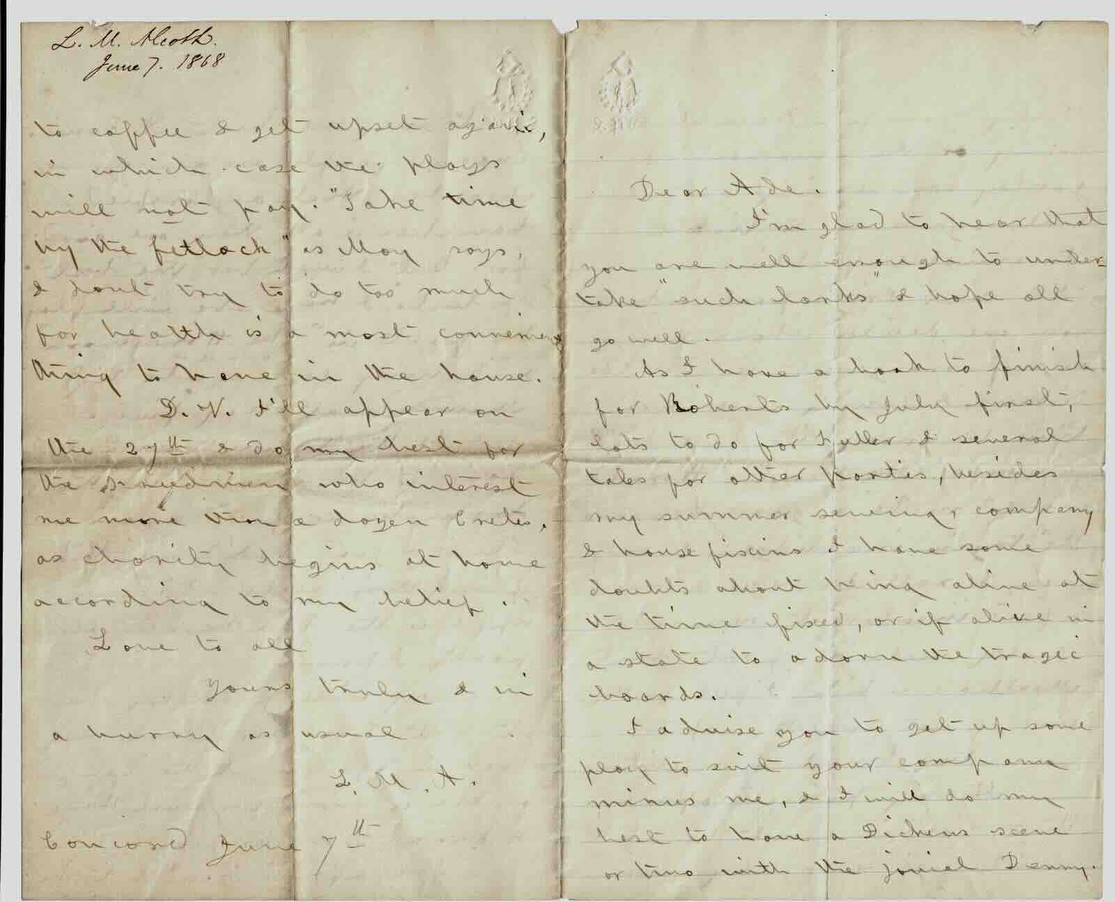 Portion of an 1868 unpublished letter from Louisa May Alcott to her cousin Ade May about putting on benefit performances. Louisa notes that she needs to finish a book for Roberts [Brothers], a reference to the first volume of Little Women