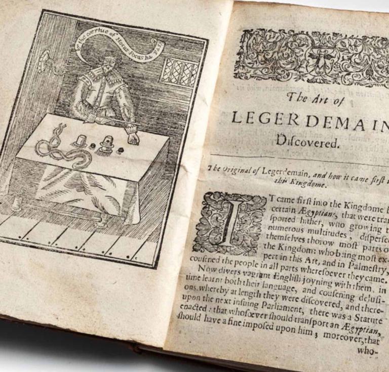 Hocus Pocus Junior. The Anatomy of Legerdemain. Or, The Art of Juggling set forth in proper Colours. London: Printed by G. Dawson, 1663. The sixth edition, “with many additions.” One-third smooth calf over marbled boards, spine banded in gilt with date at foot and gilt-stamped title label. 32 leaves, unnumbered. Woodcut frontispiece, woodcuts in text. Dawes and Findlay bookplates. One of two known examples of this edition.