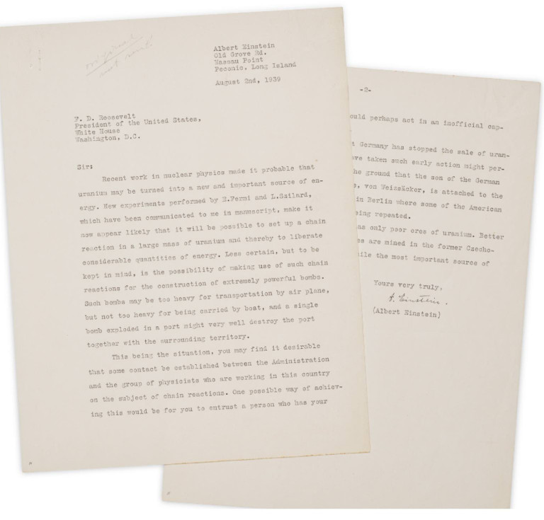 Albert Einstein's typed signed letter to President  Roosevelt, 1939, with penciled note by Leo Szilard at top "Original, not sent!"