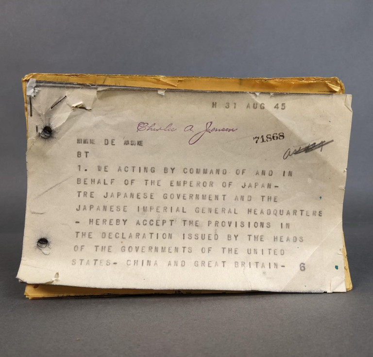 First extant draft copy of the Japanese ‘Instrument of Surrender’ in English, dated ‘Aug. 31, 1945’ and stamped ‘1945 AUG 31 1 20,’ prior to the official surrender ceremony aboard the ‘USS Missouri’ in Tokyo Bay, Japan, on Septebber 2, 1945.