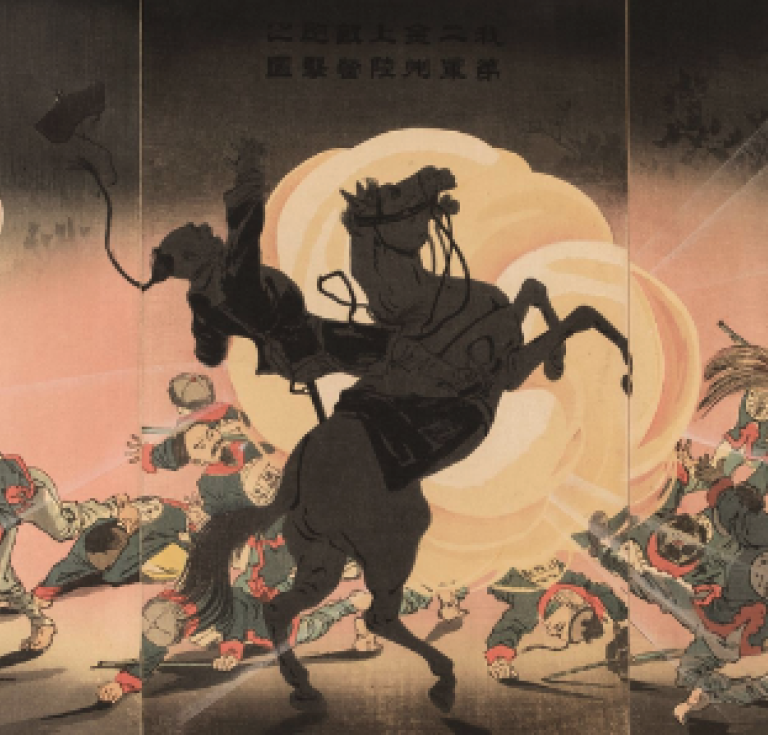Triptych illustration of the Sino-Japanese War, showing an explosion with a rearing horse in the foreground.