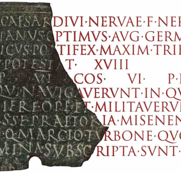 Reconstructed fragment of a bronze military diploma from Sardinia, issued by the emperor Trajan to a sailor on a warship. 113/14 CE