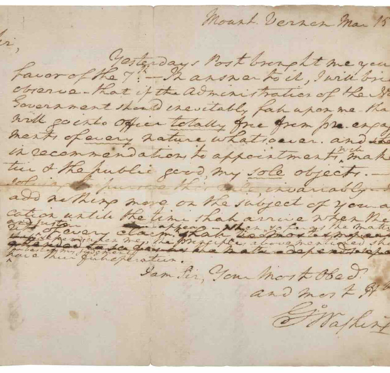 Signed George Washington autograph letter, estimate $250,000–$350,000